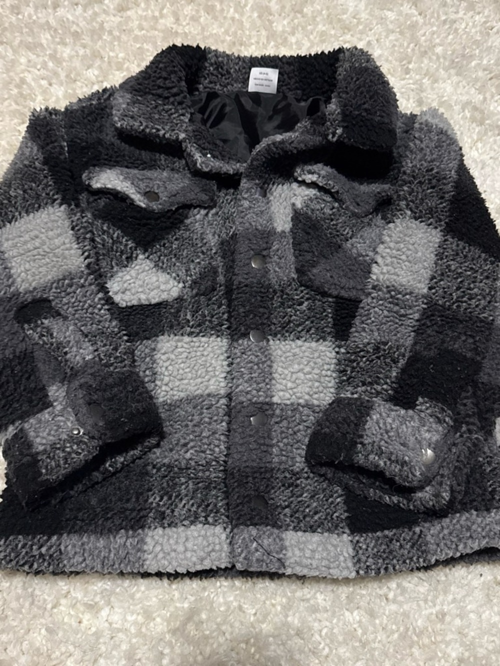 Kids Plush Plaid Sherpa Jacket - Black & Gray